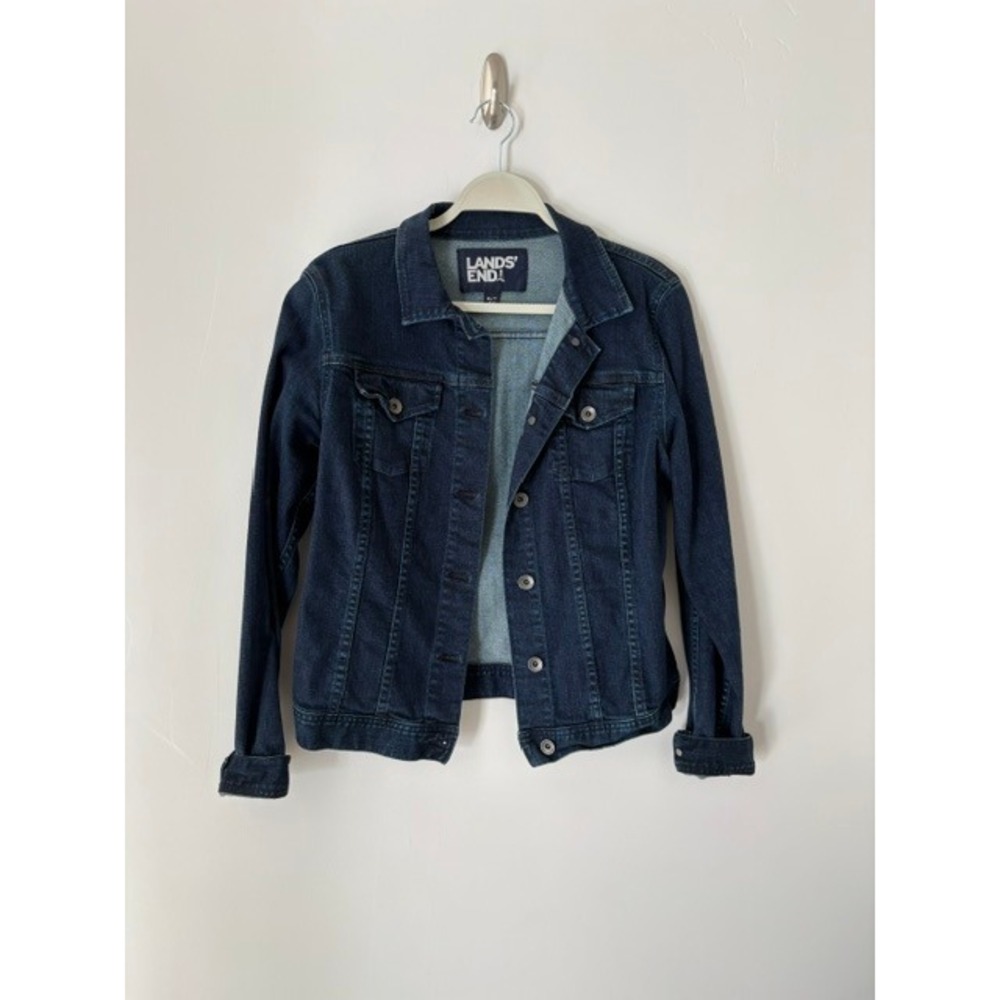 Lands End Womens Dark Wash Denim Trucker Jacket Blue M/T 10-12 Tall Cotton Blend